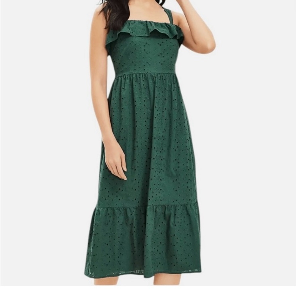 NWT Loft Green Eyelet Ruffle Midi Dress